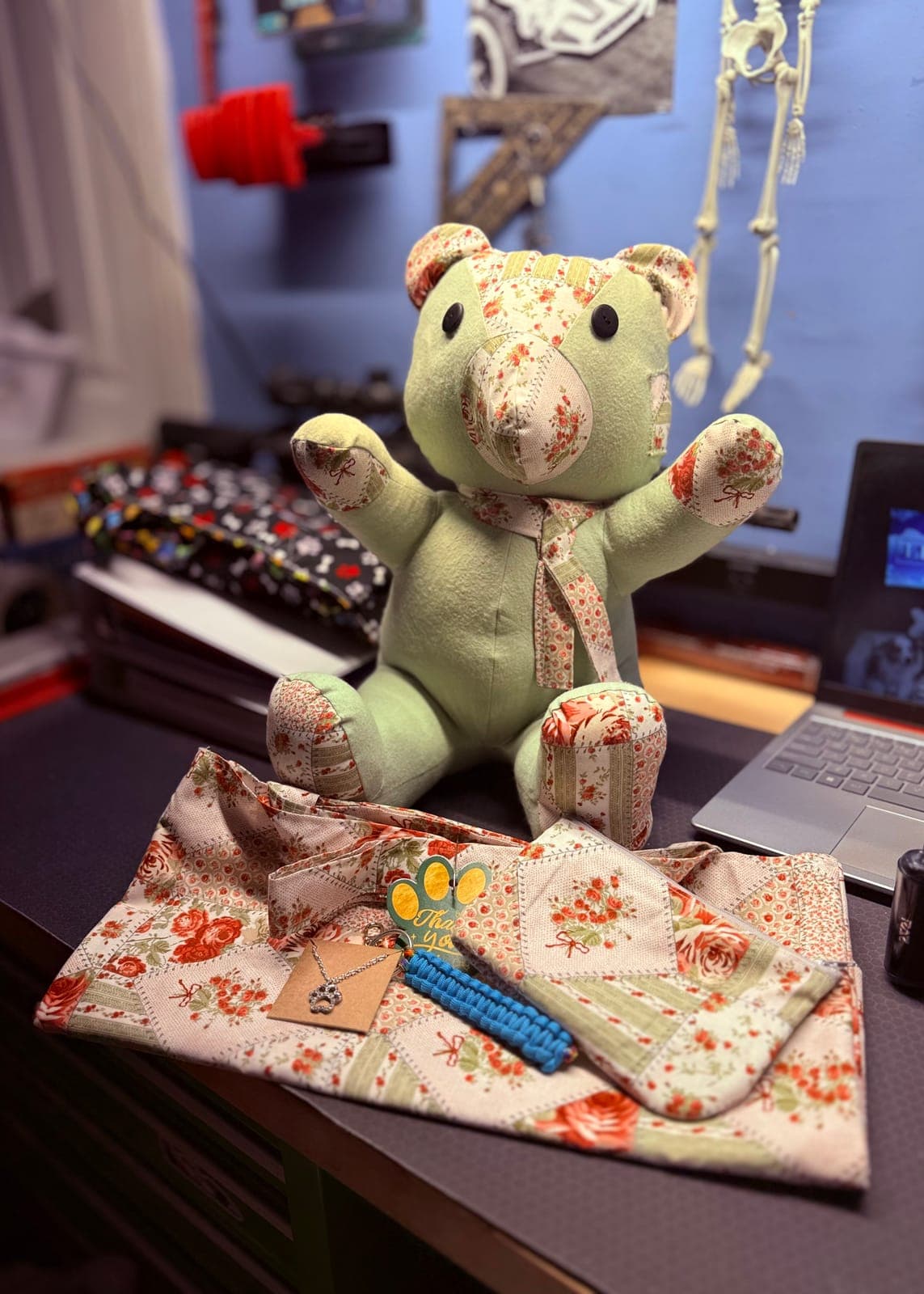 Custom matching teddy bear, tote bag, and zipper pouch