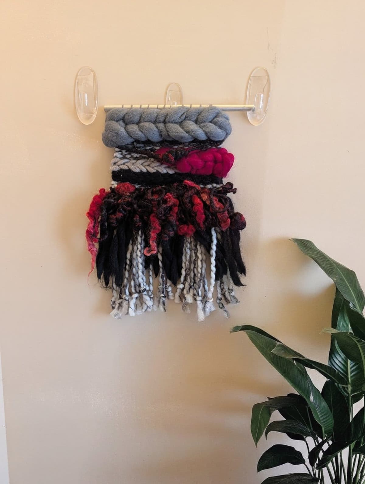 Moody Magenta & Black Weaving / Sculptural Woven Wall Art