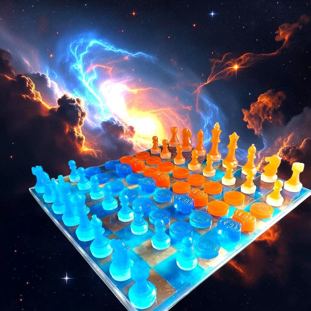 Handmade Glow in the dark galaxy themed chess set 