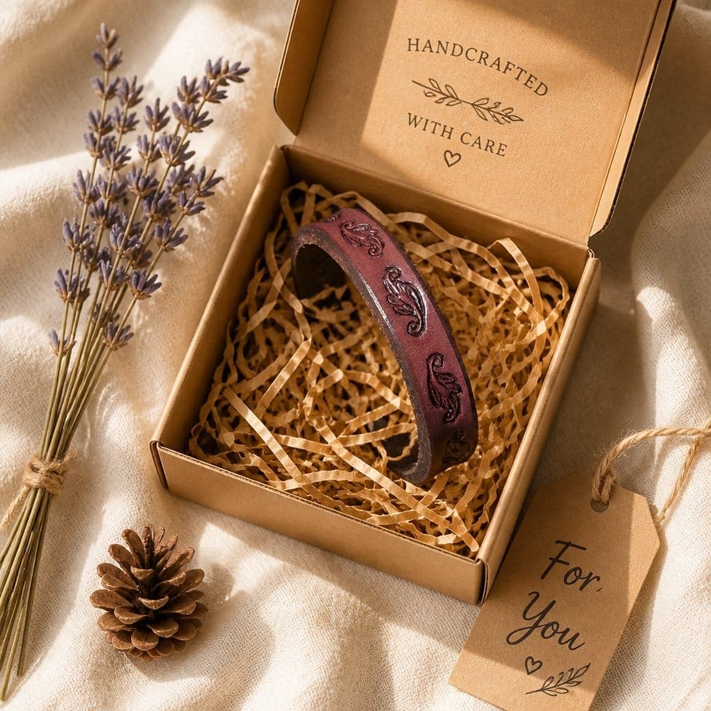 Peasley leaf design leather bracelet.  All our bracelets are "Gift Ready"