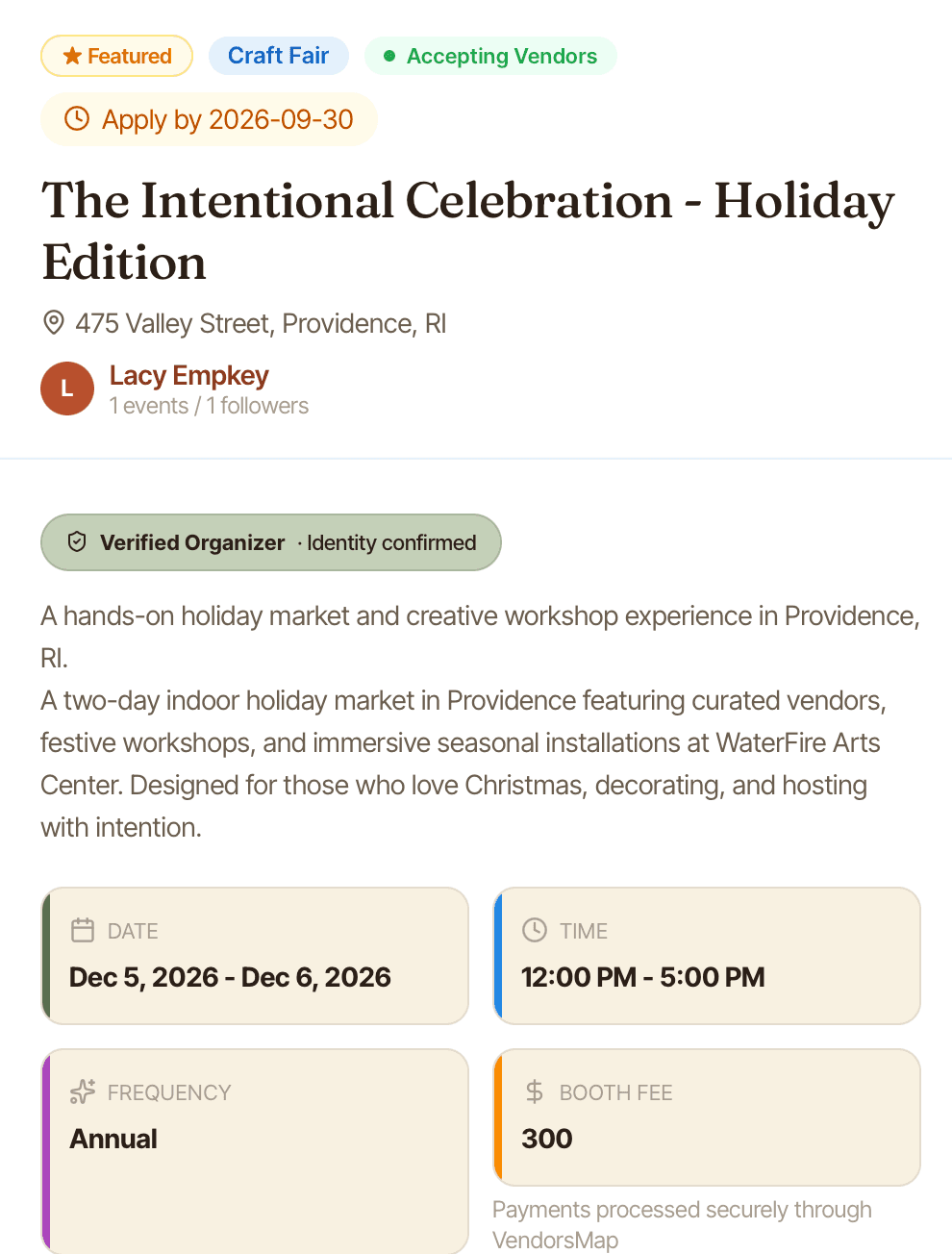 VendorsMap event detail page showing booth fee, application deadline, schedule, and organizer contact
