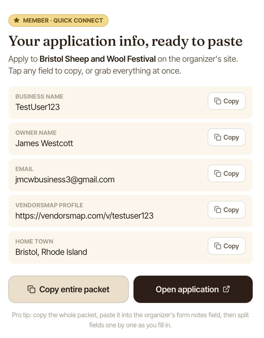 VendorsMap Quick Connect modal showing pre-filled application info ready to copy