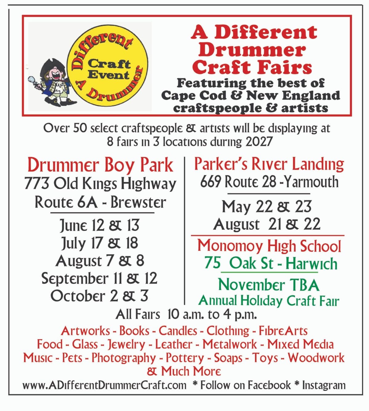 A Different Drummer Craft Fair~July 17 & 18 ~ Drummer Boy Park~Brewster