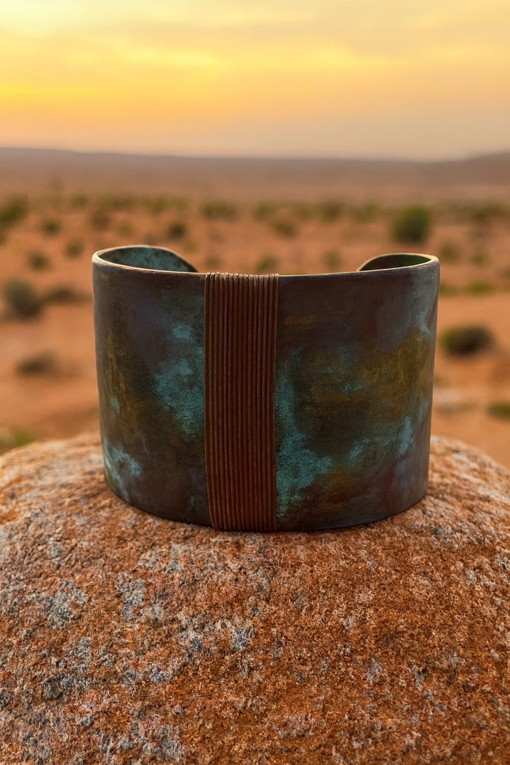 Handcrafted Patina Bangle with Gold Wire Wrapping