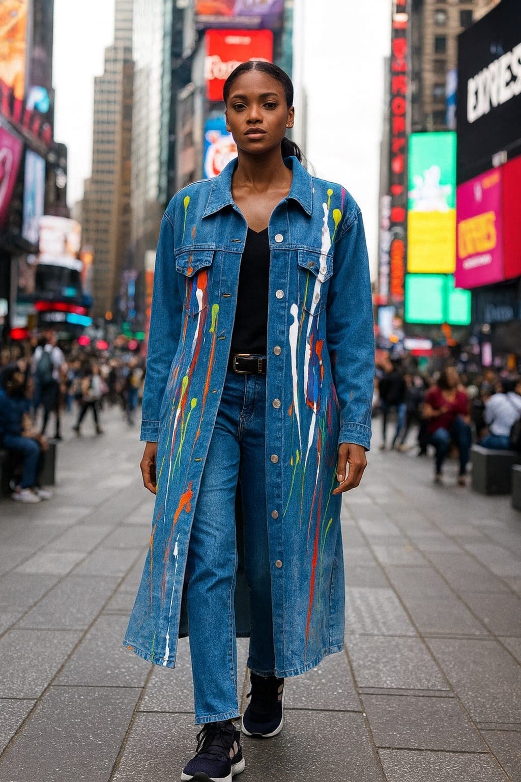 Artisan Long Blue Denim Jacket with Hand Painted Splotches