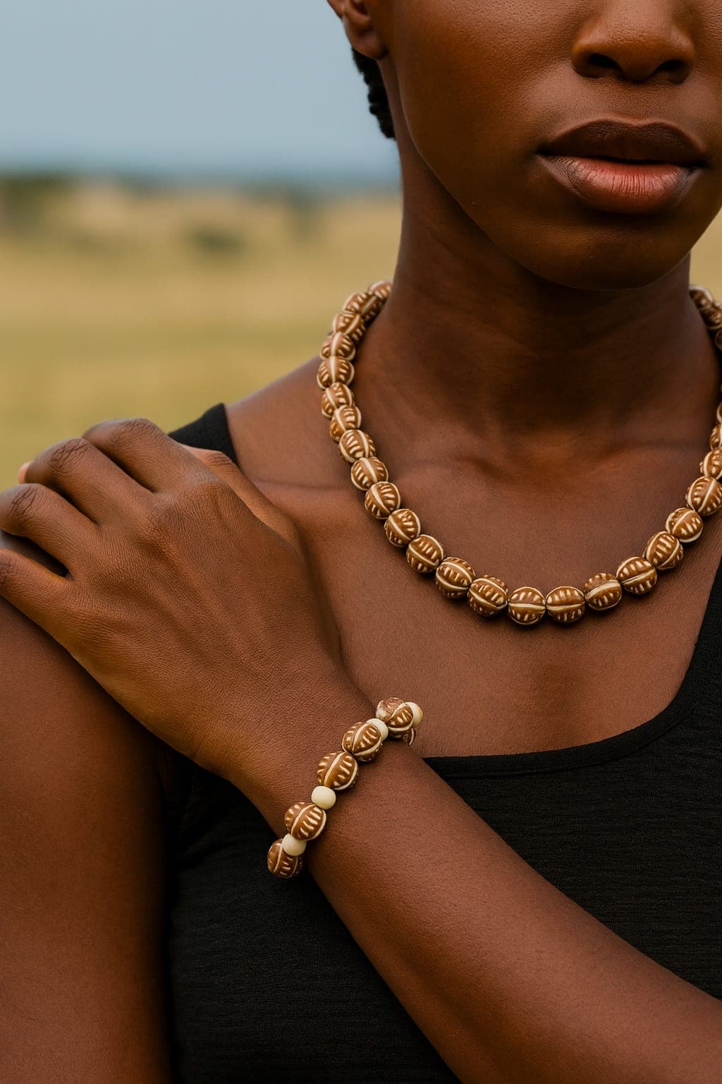 Handmade West African Brown Terracotta Clay Necklace Set