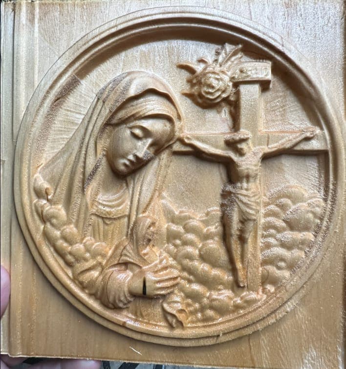 Mother Mary and Jesus on Cross - wood carving