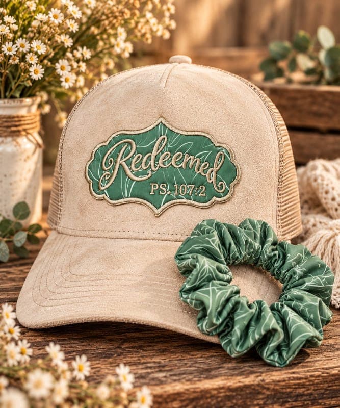 A handmade embroidered hat featuring the word “Redeemed” — a reminder of restora