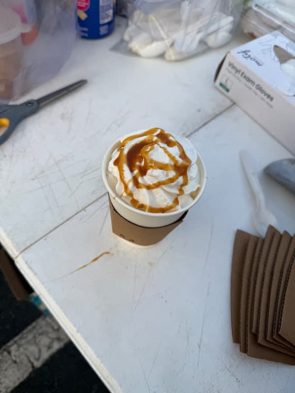 Hot chocolate with White Chocolate Mocha Syrup and Whip