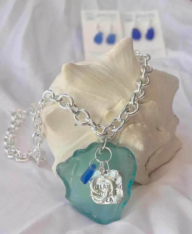 Dreamy Aqua Chunk Mermaid Charm Necklace in Silver by MySeaglassJewelry.com